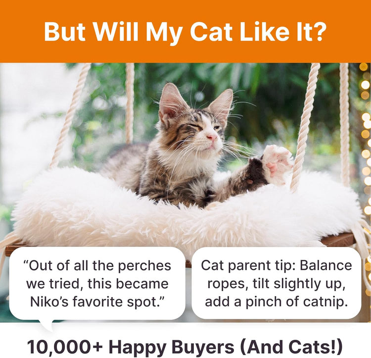 Cat Window Perch - Hammock Bed for Cats inside - Solid Wood Seat, 4 Strong Suction Cups, Soft Cushion - Rustic Indoor Pet Shelf