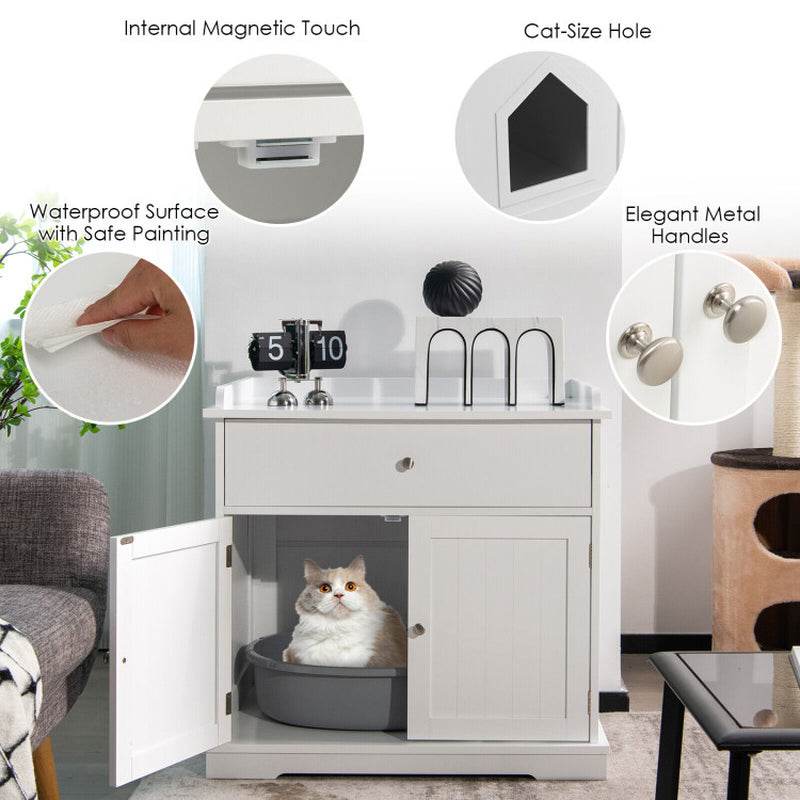 Wooden Cat Litter Box Enclosure with Drawer Side Table Furniture - The Max & Rex Collection