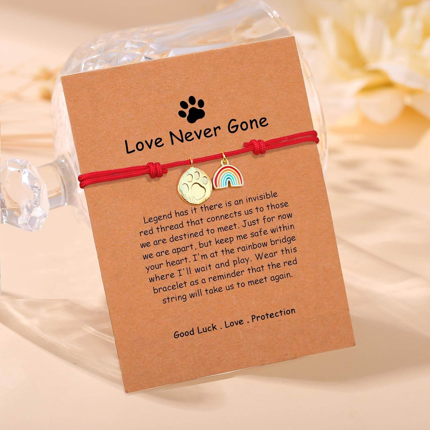 Pet Memorial Bracelet with Rainbow Bridge & Paw Print Charm - Adjustable Red String Pet Loss Gift | Dog Cat Memory Jewelry - The Max & Rex Collection