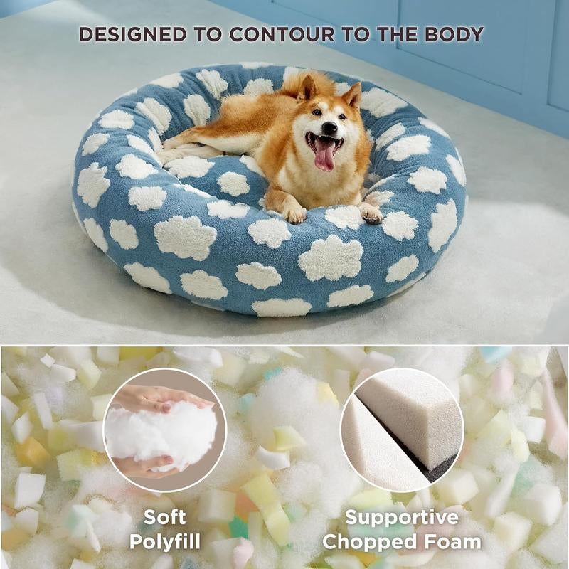 Donut Calming Pet Beds, Cute Modern Beds with Jacquard Shaggy Plush & anti Slip Bottom, 30 Inch, Blue