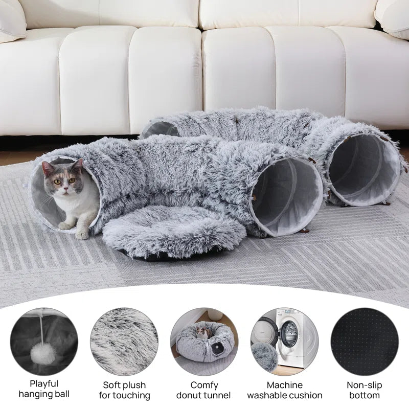 Cat Tunnel with Cat Bed for Indoor Cats, Multifunctional Cat Playground Toys Hideplace for Small Medium Large Cats