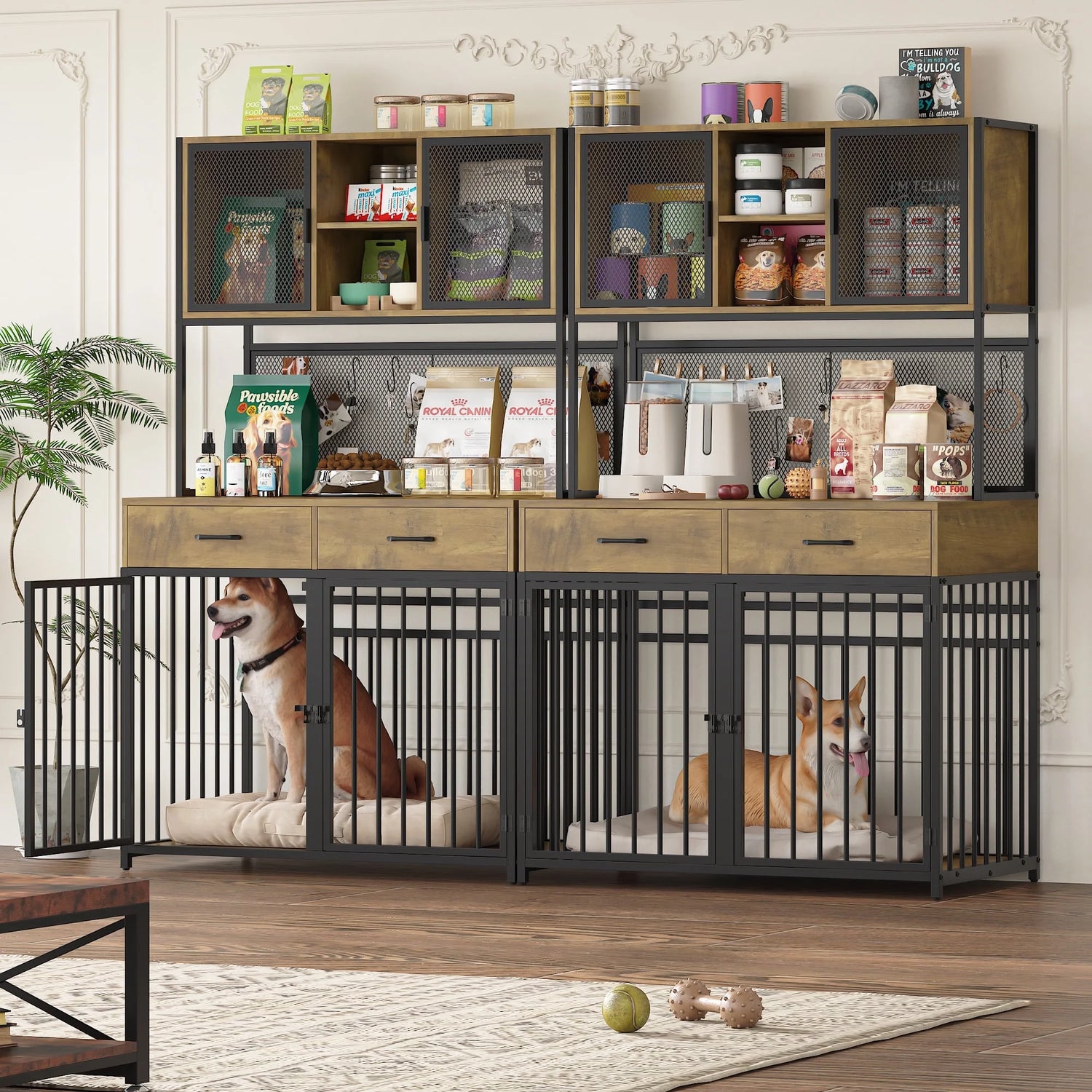 71" Tall Dog Crates Furniture, Indoor Dogs Kennel Furniture with Hutch, 42"W Dog Cage Furniture for Large/Medium Dogs, Decorative Sturdy Pet House, Rustic Brown