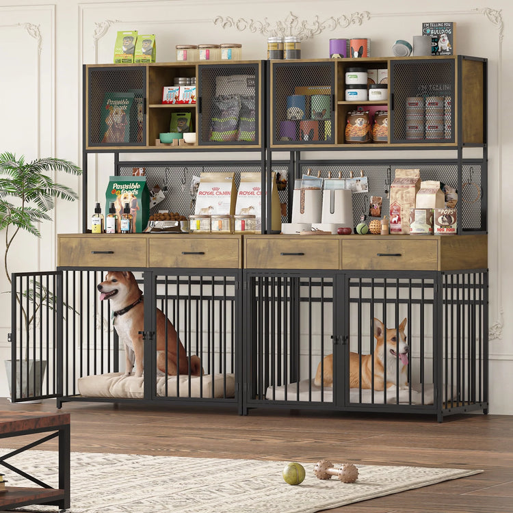 71" Tall Dog Crates Furniture, Indoor Dogs Kennel Furniture with Hutch, 42"W Dog Cage Furniture for Large/Medium Dogs, Decorative Sturdy Pet House, Rustic Brown