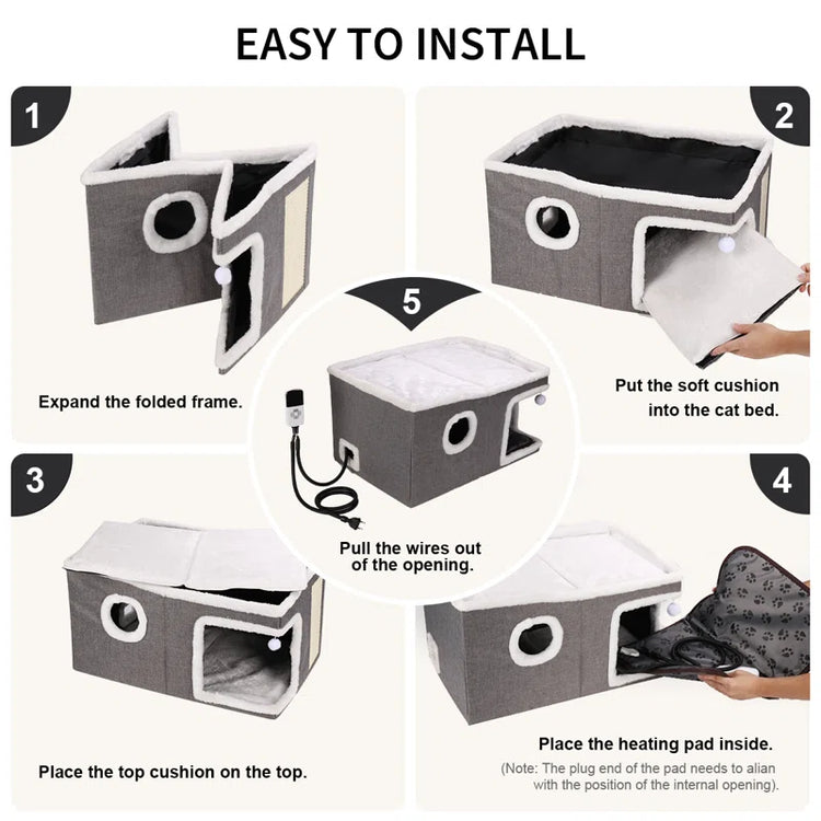 Heated Cat House, Adjustable Temperature Cat Heating Bed with Cozy Cave & Scratching Board, Foldable Cat Hideaway with Removeable Heating Pad