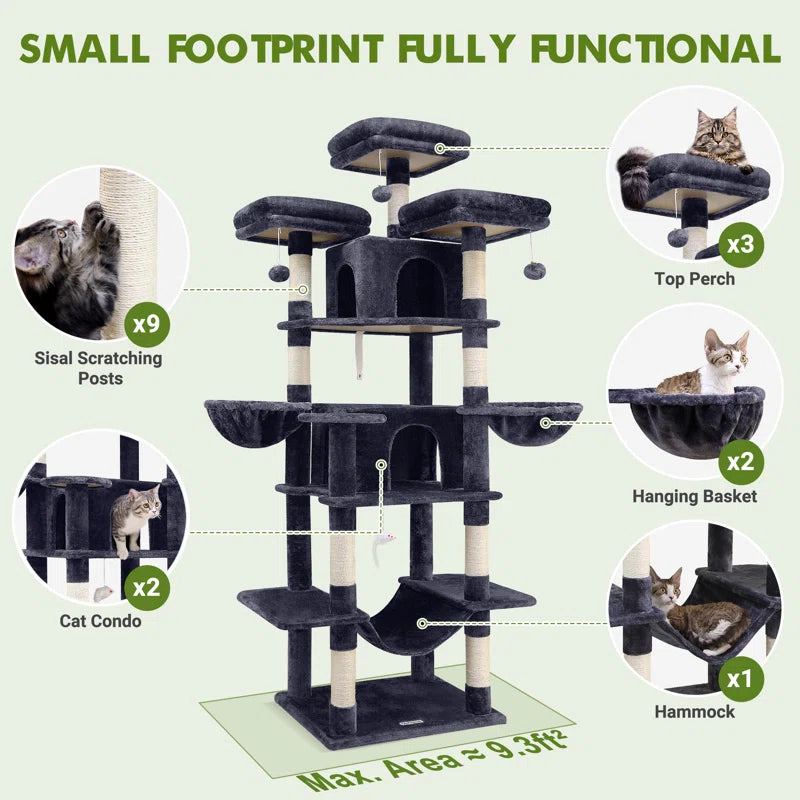 CT81F Big Cat Tower for Indoor Cats, XXL Cat Tree with Scratching Post, Hammock, Perches, Condos, and Hanging Baskets for Multiple Adult Cats