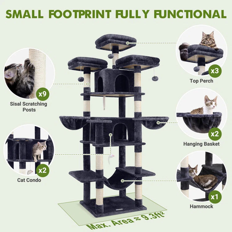 CT81F Big Cat Tower for Indoor Cats, XXL Cat Tree with Scratching Post, Hammock, Perches, Condos, and Hanging Baskets for Multiple Adult Cats