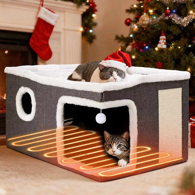 Heated Cat House, Adjustable Temperature Cat Heating Bed with Cozy Cave & Scratching Board, Foldable Cat Hideaway with Removeable Heating Pad
