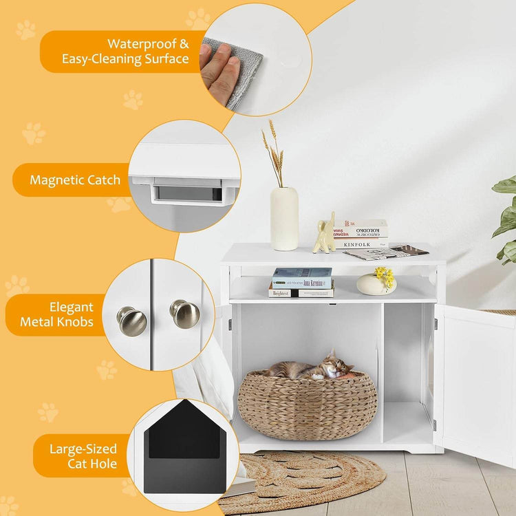 PETSITE Litter Box Enclosure, Cat Litter Box Furniture Hidden with Shelf for Large Cats, Modern Wood Pet Crate Cat Washroom Cabinet End Table, White - The Max & Rex Collection