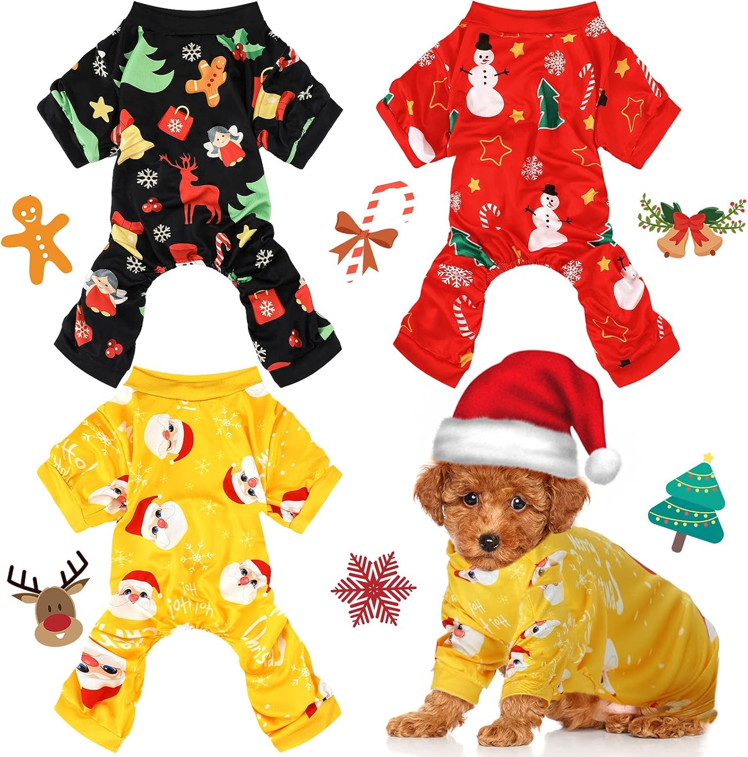 3 Pieces Christmas Dog Pajamas Dog Jumpsuit Santa Snowman Pet Clothes Christmas Pet Pajamas Holiday Costume Jumpsuit for Puppy Cat(Snowman Pattern,M (Fit 5.5-7.7Lbs))