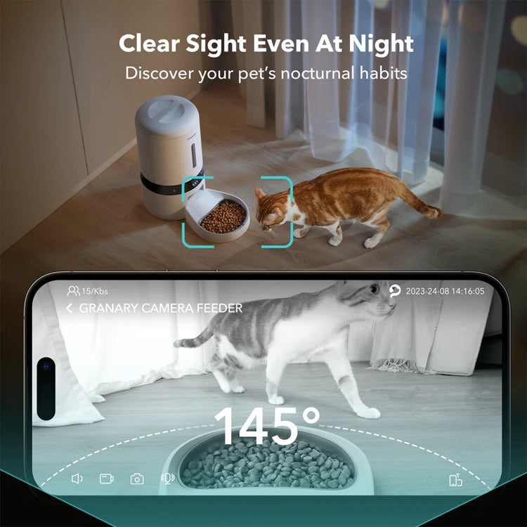 Granary WIFI Smart Phone Control Automatic Cat & Dog Feeder with Camera, White, 5-L