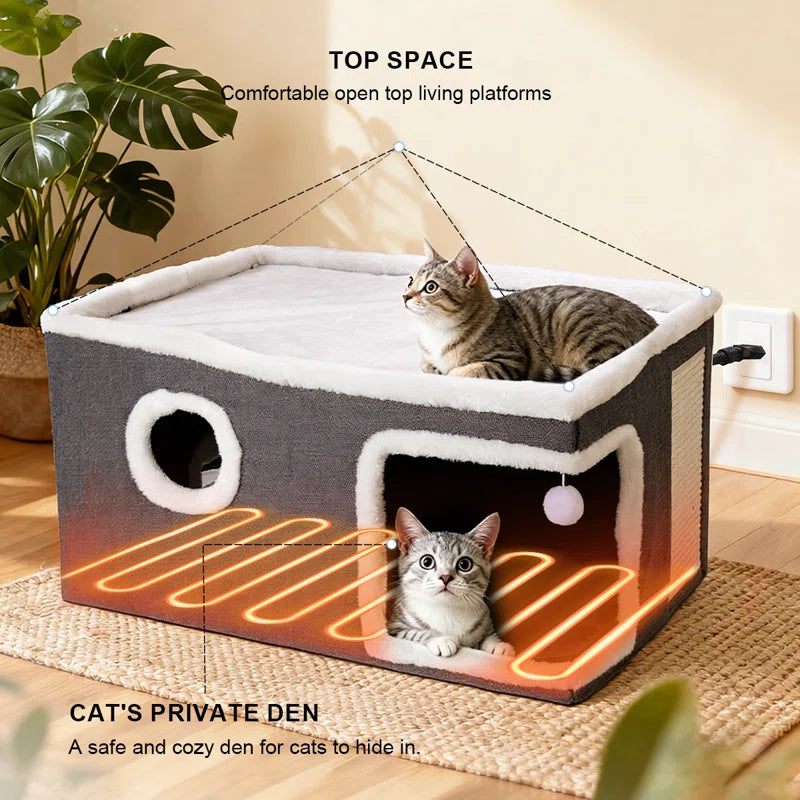 Heated Cat House, Adjustable Temperature Cat Heating Bed with Cozy Cave & Scratching Board, Foldable Cat Hideaway with Removeable Heating Pad