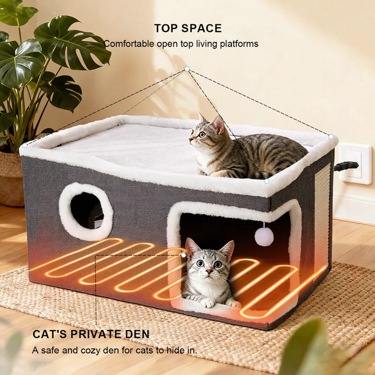 Heated Cat House, Adjustable Temperature Cat Heating Bed with Cozy Cave & Scratching Board, Foldable Cat Hideaway with Removeable Heating Pad