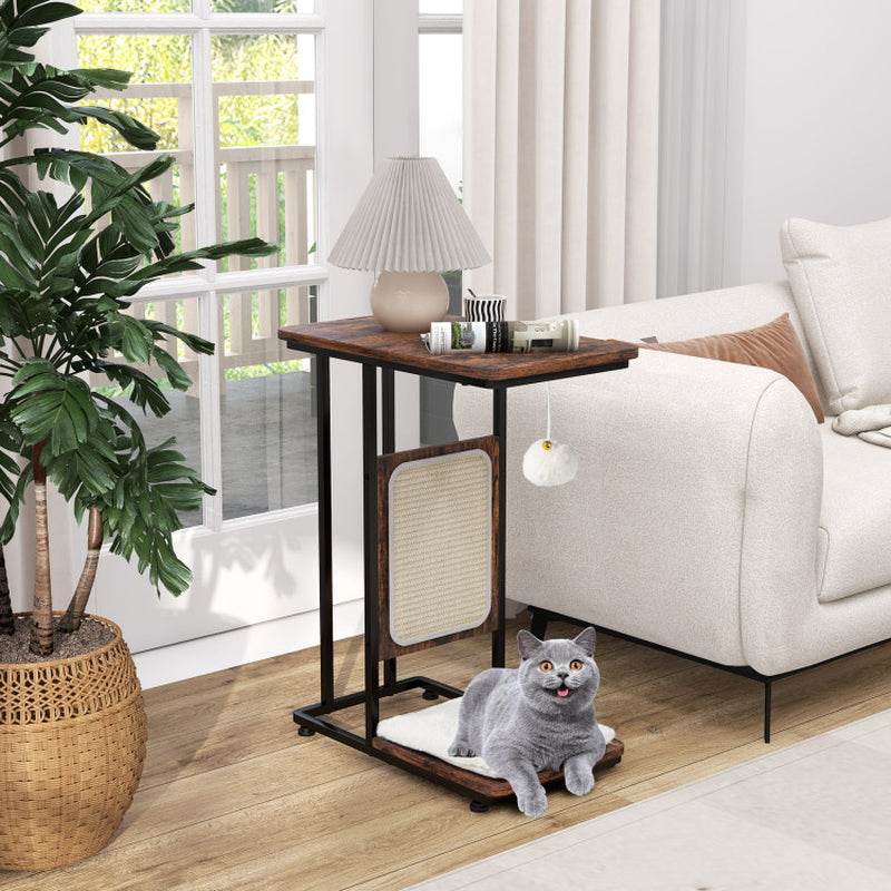 Modern C-Shaped Cat Side Table with Scratching Board - The Max & Rex Collection
