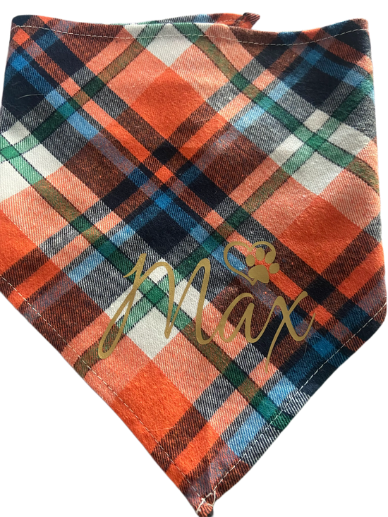 Personalized 100% Cotton Plaid Pet Bandana – Custom Name with Heart & Paw