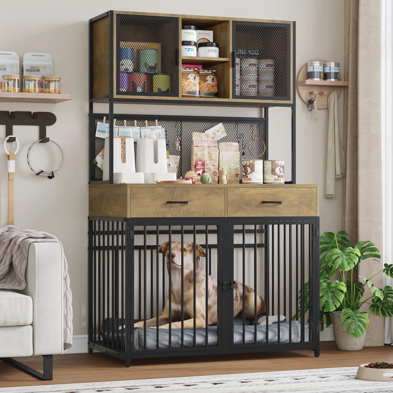 71" Tall Dog Crates Furniture, Indoor Dogs Kennel Furniture with Hutch, 42"W Dog Cage Furniture for Large/Medium Dogs, Decorative Sturdy Pet House, Rustic Brown
