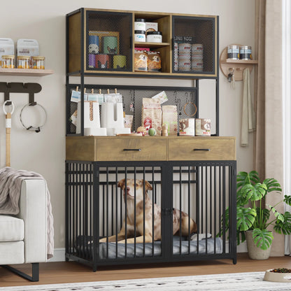 71" Tall Dog Crates Furniture, Indoor Dogs Kennel Furniture with Hutch, 42"W Dog Cage Furniture for Large/Medium Dogs, Decorative Sturdy Pet House, Rustic Brown