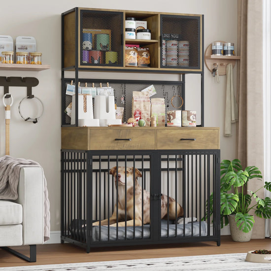 71" Tall Dog Crates Furniture, Indoor Dogs Kennel Furniture with Hutch, 42"W Dog Cage Furniture for Large/Medium Dogs, Decorative Sturdy Pet House, Rustic Brown
