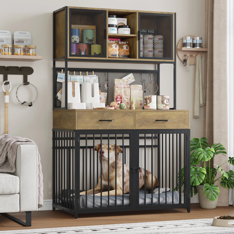 71" Tall Dog Crates Furniture, Indoor Dogs Kennel Furniture with Hutch, 42"W Dog Cage Furniture for Large/Medium Dogs, Decorative Sturdy Pet House, Rustic Brown