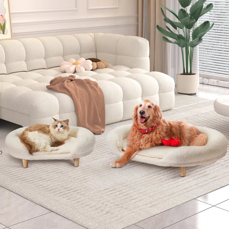 2-Piece Set Pet Beds for Medium Dogs and Cats, Thick Foam Pet Sofa with Removable Cover and Solid Wood Legs