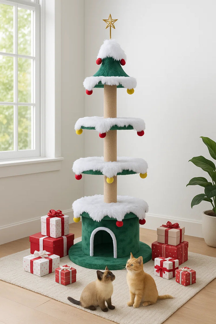 66" H 3 Tier Noble Fir Cat Christmas Tree with Removable Skirt & Scratching Post