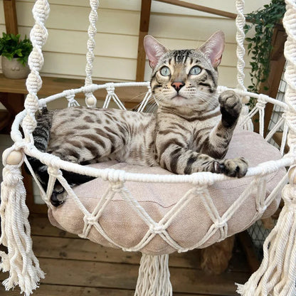 Emellie Bohemian Style Cat Hammock, Cat Swing with Hanging for Sleeping, Indoor/Outdoor Home Décor