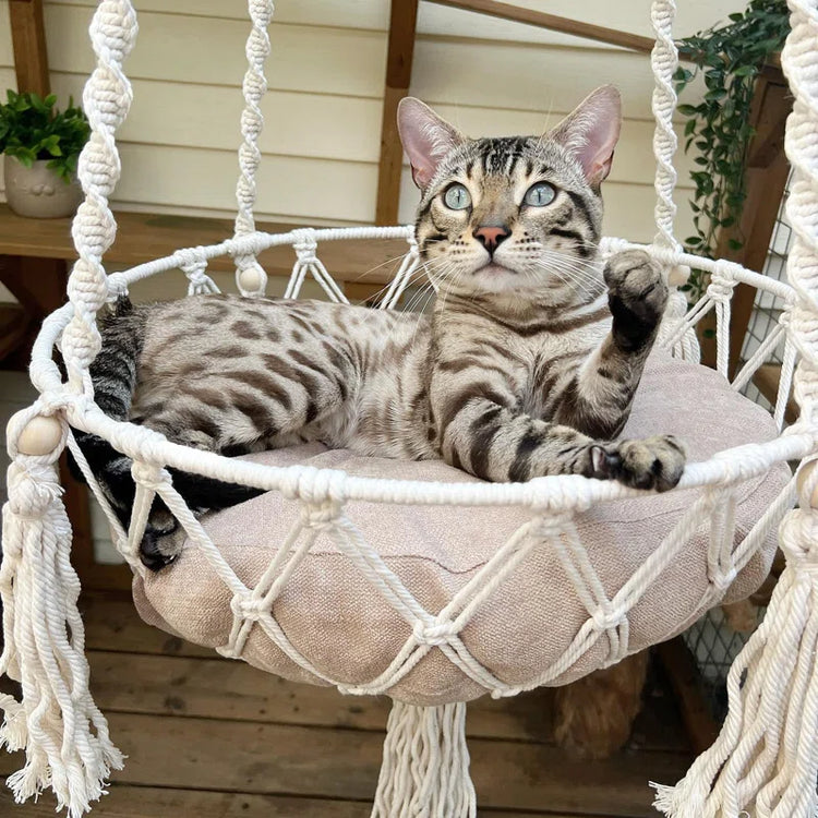 Emellie Bohemian Style Cat Hammock, Cat Swing with Hanging for Sleeping, Indoor/Outdoor Home Décor