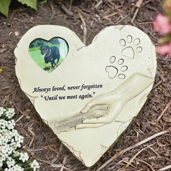 Heart Shaped Pet Memorial Stones with Photo Frame for Dogs or Cats, Paw Prints Grave Markers Headstones for Dogs or Cats Sympathy Pet Dog Memorial Gifts Outdoor or Indoor, 9.6"(L) X 9.5"(W)