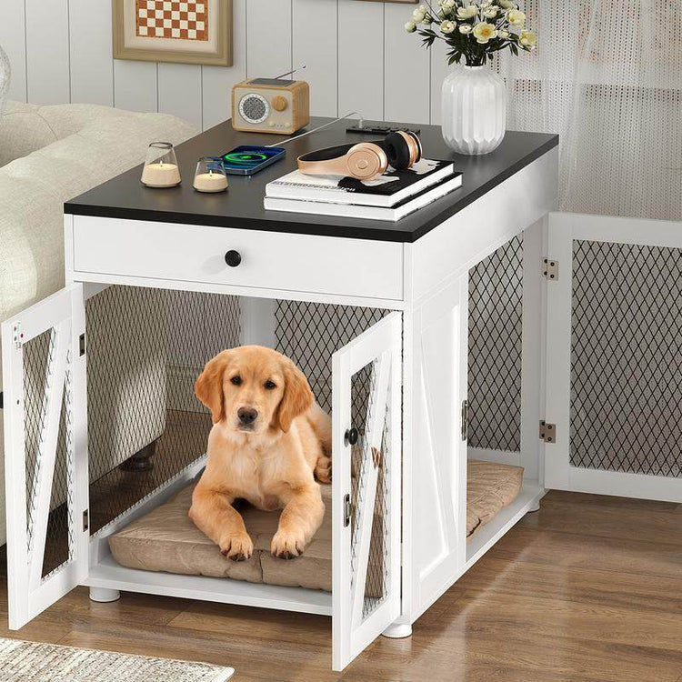 Furniture-Style Wooden Dog Crate End Table with USB Charging, Storage Drawer & Double Latch – For Medium Dogs up to 40 lbs - The Max & Rex Collection