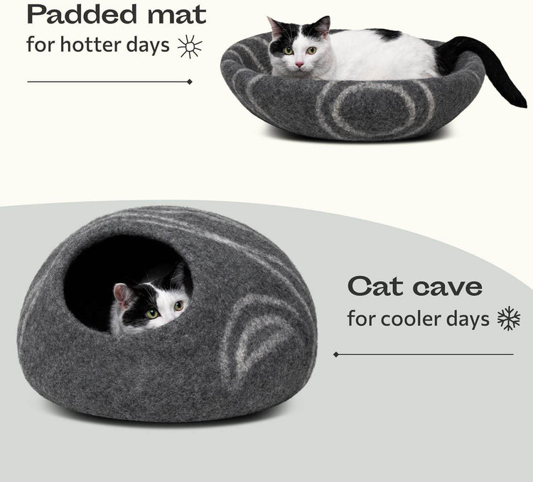 MEOWFIA Cat Cave – Premium Felt Cat Bed for Indoor Cats, Handmade 100% Merino Wool (Medium, Dark Grey) - The Max & Rex Collection
