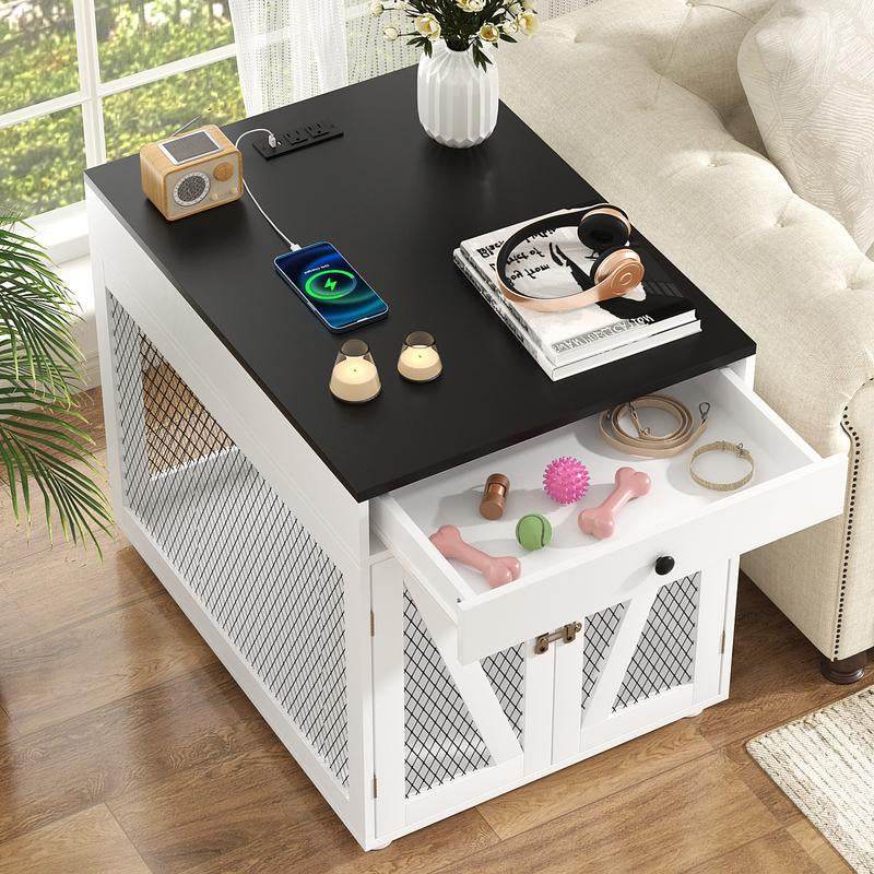 Furniture-Style Wooden Dog Crate End Table with USB Charging, Storage Drawer & Double Latch – For Medium Dogs up to 40 lbs - The Max & Rex Collection
