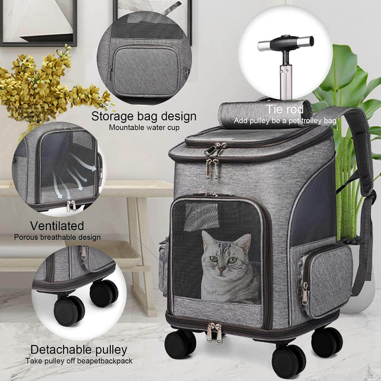 GJEASE Airline Approved Pet Carrier Backpack with Wheels(Large Space),Rolling Backpack with Durable Handle and Flexible Wheels,Breathable Durable Mesh Panels(Most Airplane Approved) - The Max & Rex Collection