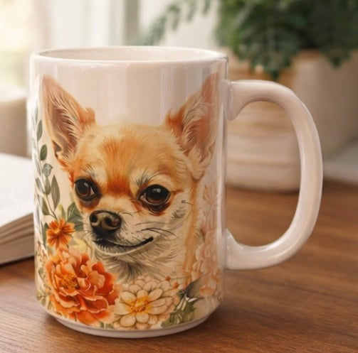 Mug with a dog and floral design on a wooden surface