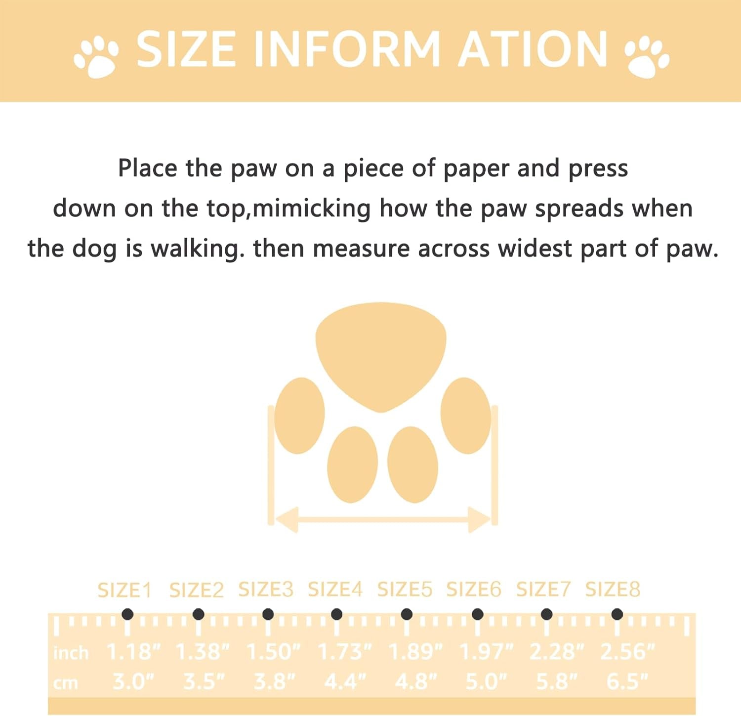 Instructions for measuring dog paw size with a visual guide and measurement chart.