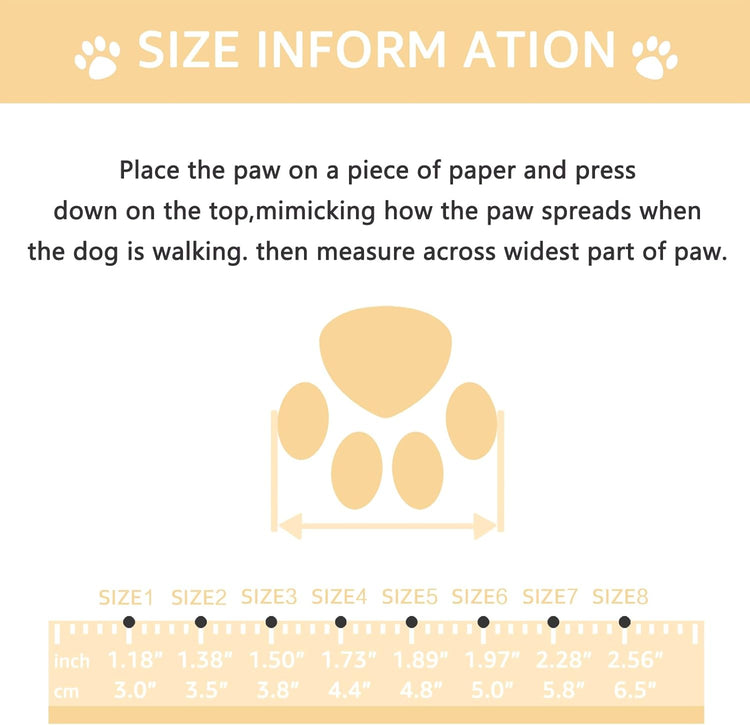 Instructions for measuring dog paw size with a visual guide and measurement chart.