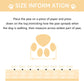 Instructions for measuring dog paw size with a visual guide and measurement chart.