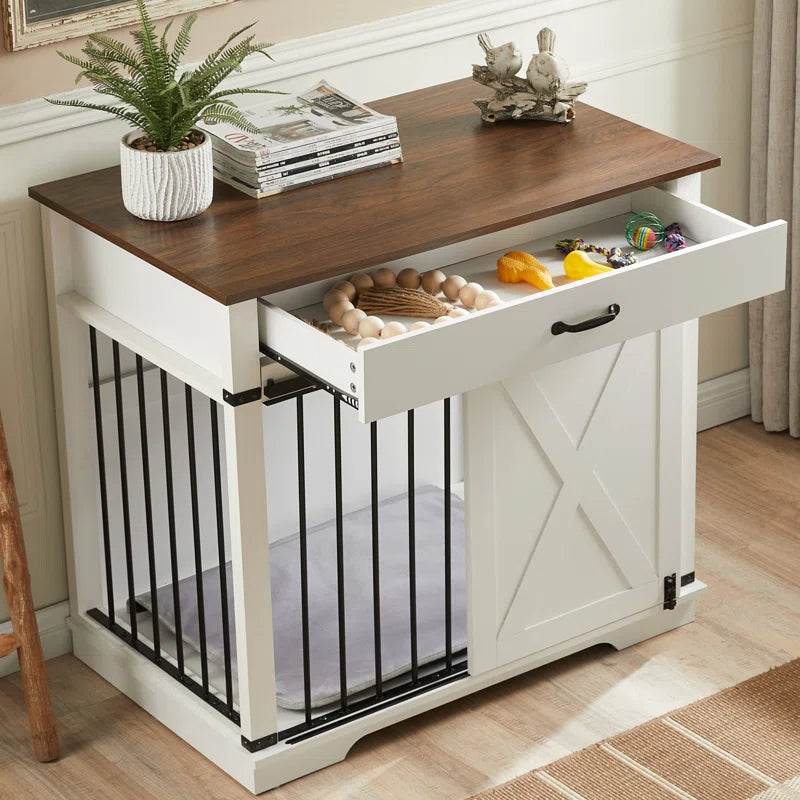 Large Dog Crate Furniture with Barn Door and 1 Drawer - The Max & Rex Collection