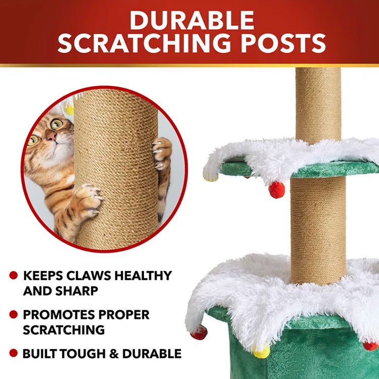 66" H 3 Tier Noble Fir Cat Christmas Tree with Removable Skirt & Scratching Post