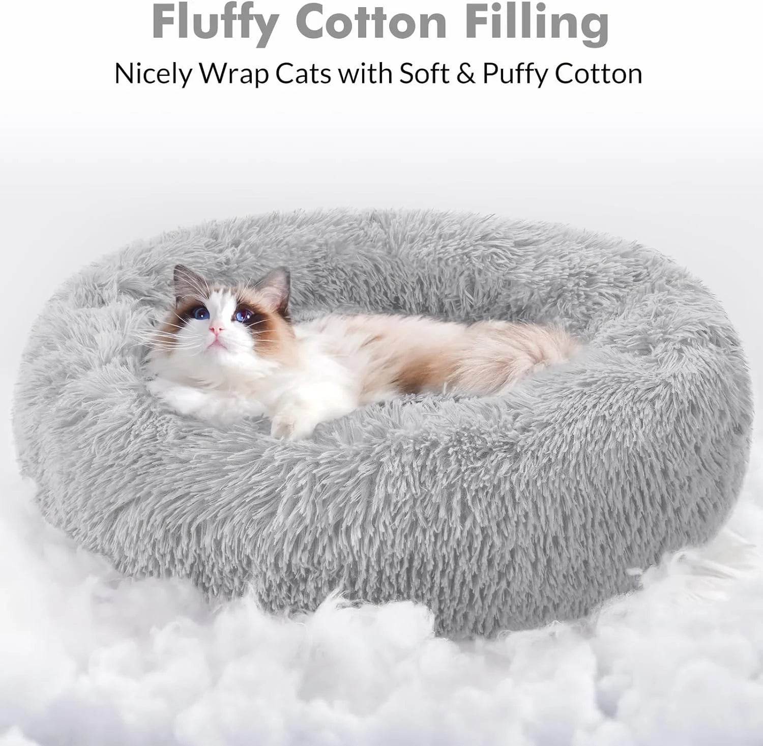 Cat Bed for Indoor Cats, Fluffy round Self Warming Calming Soft Plush Donut Cuddler Cushion Pet Bed for Small Dogs Kittens, 20 Inches - The Max & Rex Collection