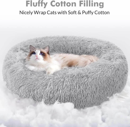 Cat Bed for Indoor Cats, Fluffy round Self Warming Calming Soft Plush Donut Cuddler Cushion Pet Bed for Small Dogs Kittens, 20 Inches - The Max & Rex Collection