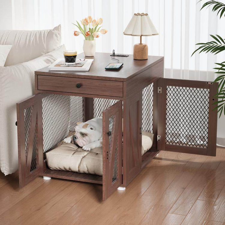 Furniture-Style Wooden Dog Crate End Table with USB Charging, Storage Drawer & Double Latch – For Medium Dogs up to 40 lbs - The Max & Rex Collection