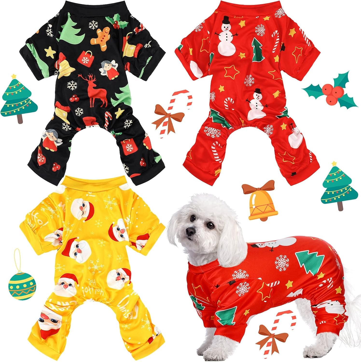 3 Pieces Christmas Dog Pajamas Dog Jumpsuit Santa Snowman Pet Clothes Christmas Pet Pajamas Holiday Costume Jumpsuit for Puppy Cat(Snowman Pattern,M (Fit 5.5-7.7Lbs))