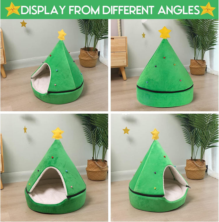 NIBESSER Cat Bed Christmas Tree Cat Tent House Self-Warming 2 in 1 Removable Comfortable Triangle Pet Teepee Xmas Dog Cave in Winter (Green)