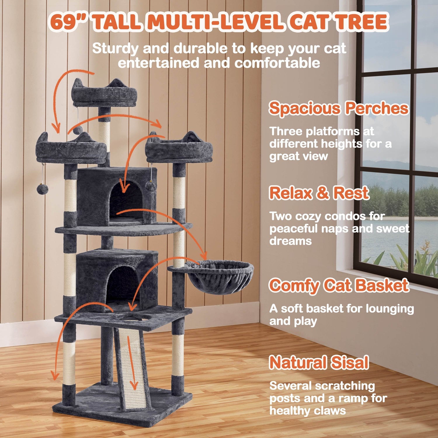Renwick 69in Large Cat Tree Tower with Condos &amp; Scratching Board - Dark Gray - The Max & Rex Collection