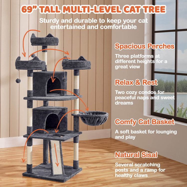 Renwick 69in Large Cat Tree Tower with Condos &amp; Scratching Board - Dark Gray - The Max & Rex Collection