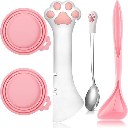 5 Pcs Pet Food Can Supplies Set - Dog and Cat Food Lid, Can Opener, Spoons for Wet Food (Pink)