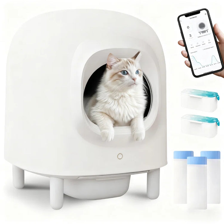 Self Cleaning Cat Litter Box, App Control, Safety Protection, Automatic Smart Robot Litter Box for Multiple Cats, with Garbage Bags&Plastic Air Filter, Black& White