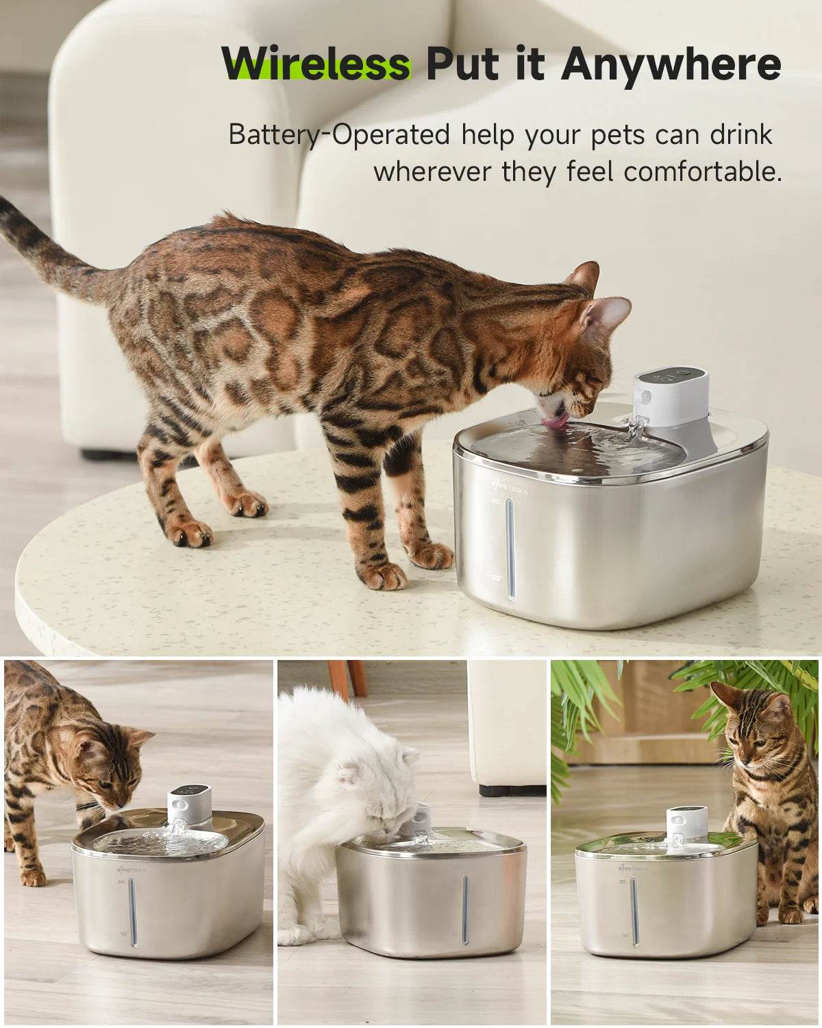 4L Wireless Cat Water Fountain - Auto Sensor Pet Drinking Fountain with Battery | Stainless Steel Cordless Water Dispenser for Dogs & Cats - The Max & Rex Collection
