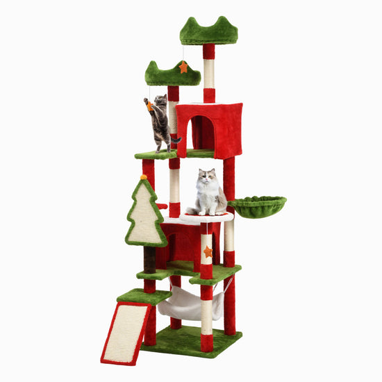 Christmas-Themed Multi-Level Cat Tree with Hammock and Scratching Posts