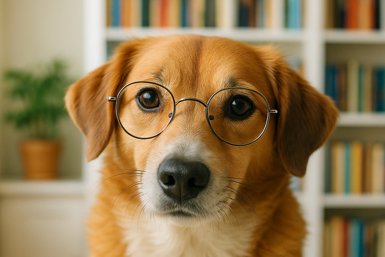 dog with reading glasses