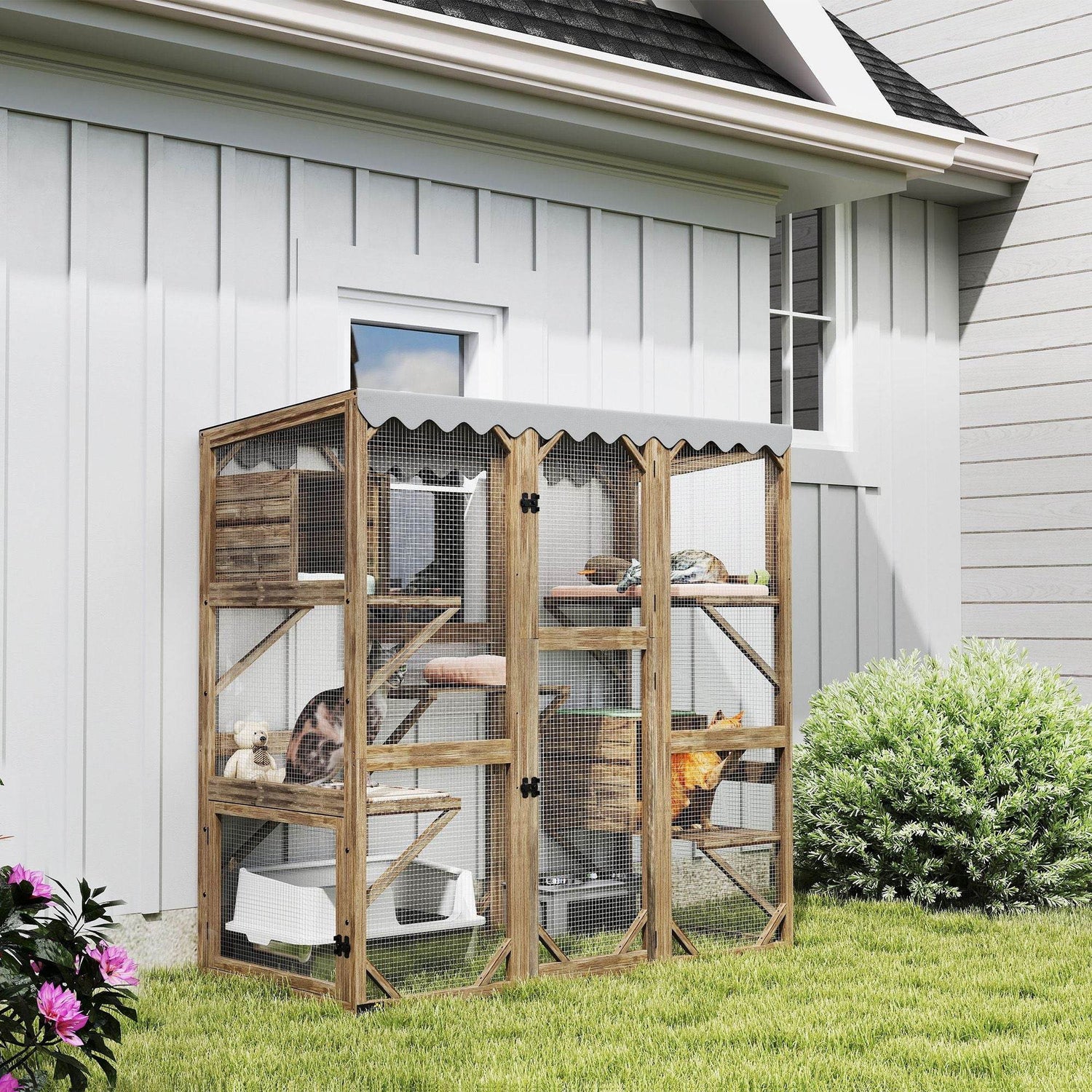 Large Outdoor Cat Enclosure with Window Access - 5-Level Catio with Waterproof Roof & Multiple Resting Houses for 2-3 Cats - The Max & Rex Collection